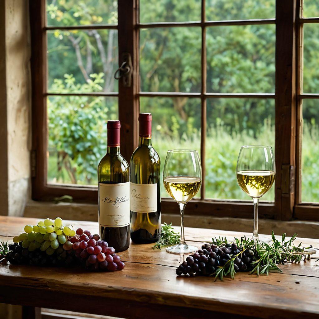 A cozy, inviting scene featuring a rustic table adorned with a bottle of red and a bottle of white wine, alongside elegant glasses half-filled with wine. Surrounding the table are fresh grapes and a few herbal sprigs, like rosemary and thyme, symbolizing wellness. Soft, warm lighting creates a relaxing atmosphere, reflecting the comfort found in sipping wine. In the background, a serene countryside view visible through a window adds to the tranquil feel. super-realistic. warm tones. peaceful ambiance.