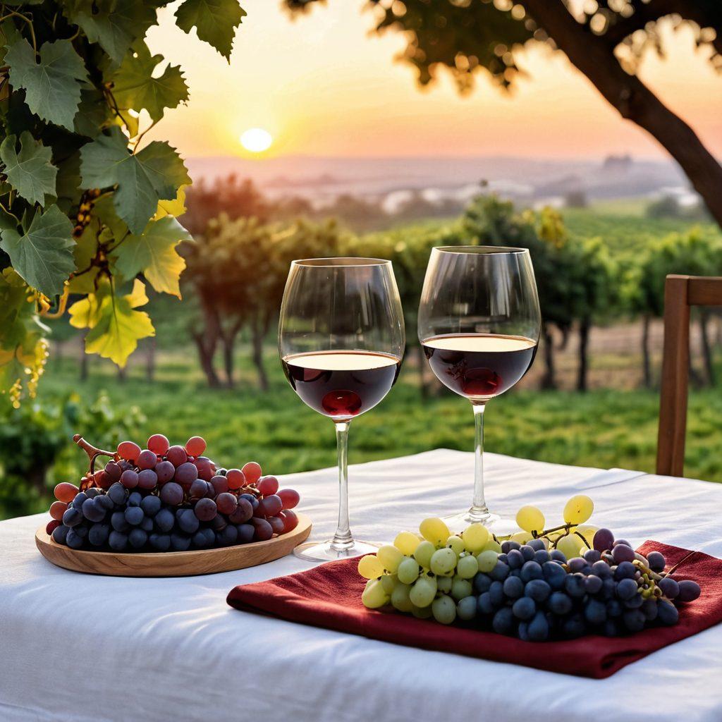 A serene table setting featuring elegant glasses filled with deep red and pale white wine, surrounded by lush grapes and a backdrop of a soft, glowing sunset. Include calming elements like herbal plants and a cozy blanket draped over a chair, symbolizing relaxation and comfort. The atmosphere should evoke tranquility and warmth, inviting viewers to explore wine’s health benefits. super-realistic. vibrant colors. soft focus.